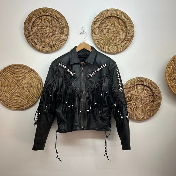 Vintage 70s 80s Force Black Zip Beaded Fringe Leather Jacket 10 Western Festival
